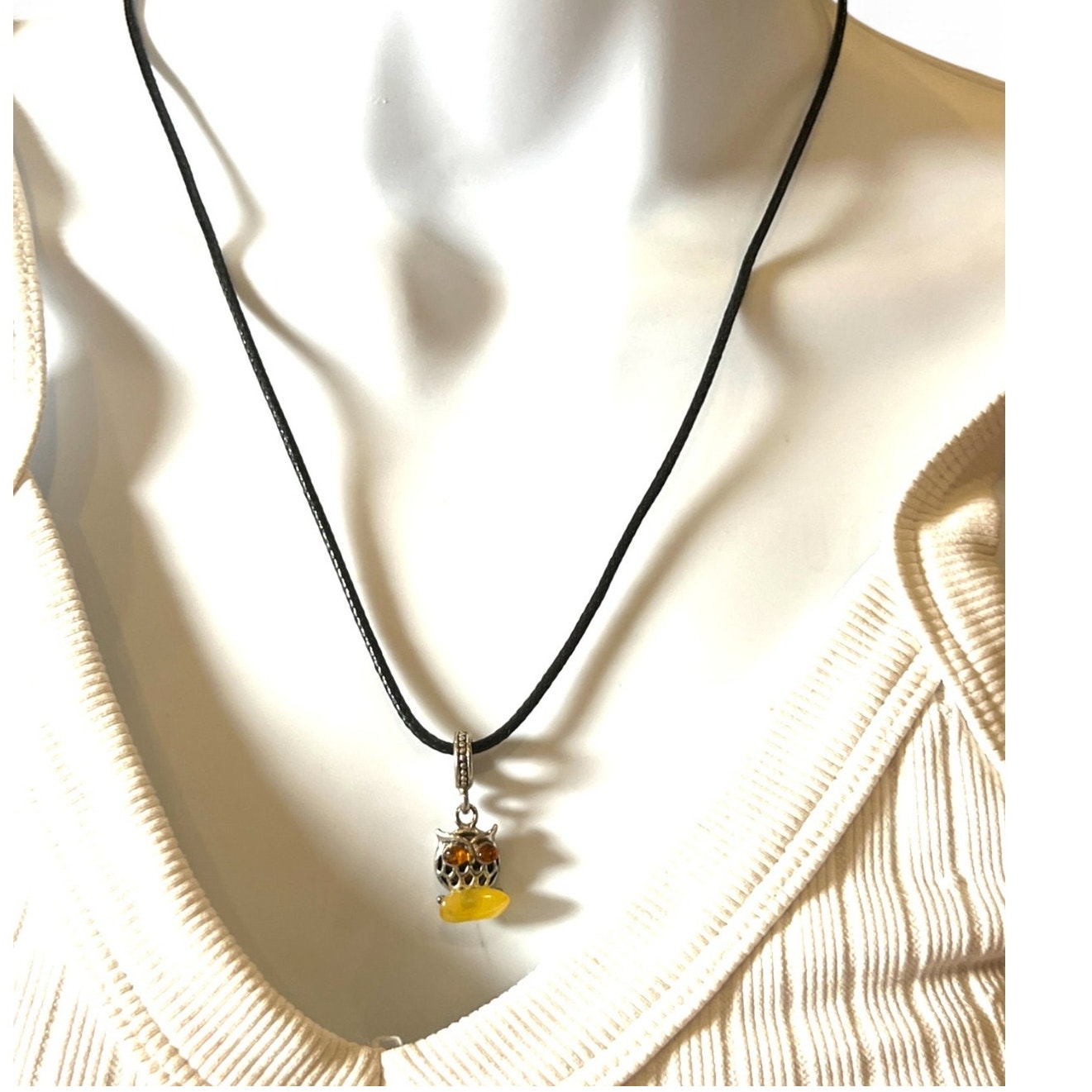 Silver Tone Owl Pendant Necklace Amber Agate Stone Jewelry Artisan 19$